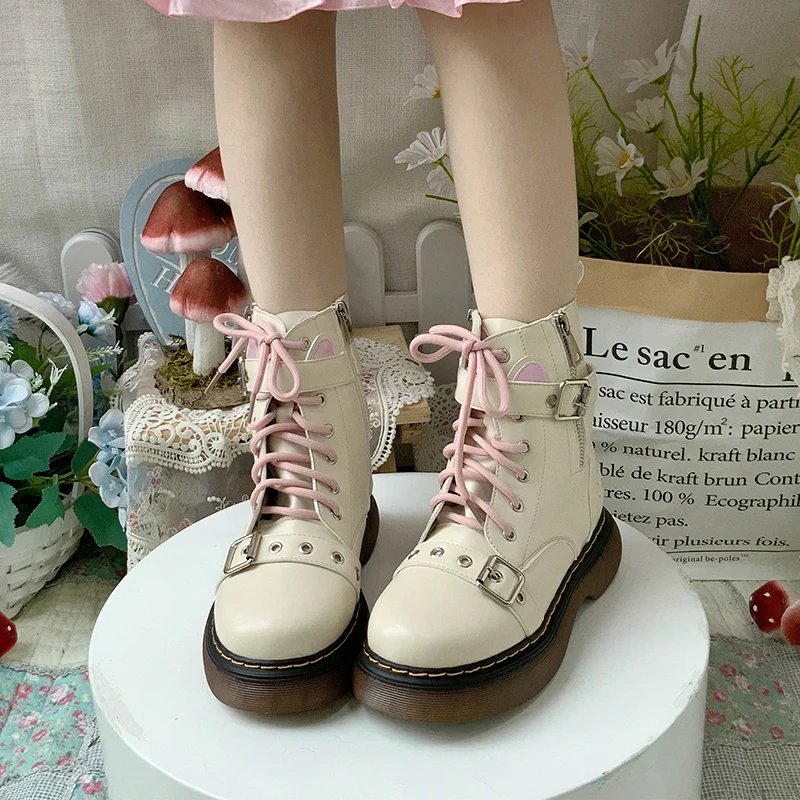 Sweet Cute Japanese Style Women's Solid Color Boots Autumn and Winter Lolita Fleece-lined Warm Rivet Metal Decorative Boots
