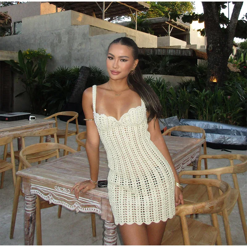 Sexy Pearl Hollow Out Crochet Short Dress Women Slim Hip Package Sleeveless Backless Dresses 2025 Summer Vacation Beach Outfits