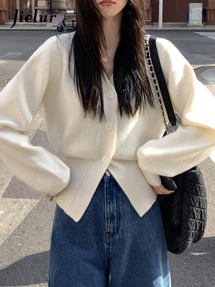 Jielur 여성용 단색 슬림 가디건, 프렌치 루즈 스위트 여성 가디건, 블랙 카키색, 오프 화이트 니트 가디건, 가을 신상