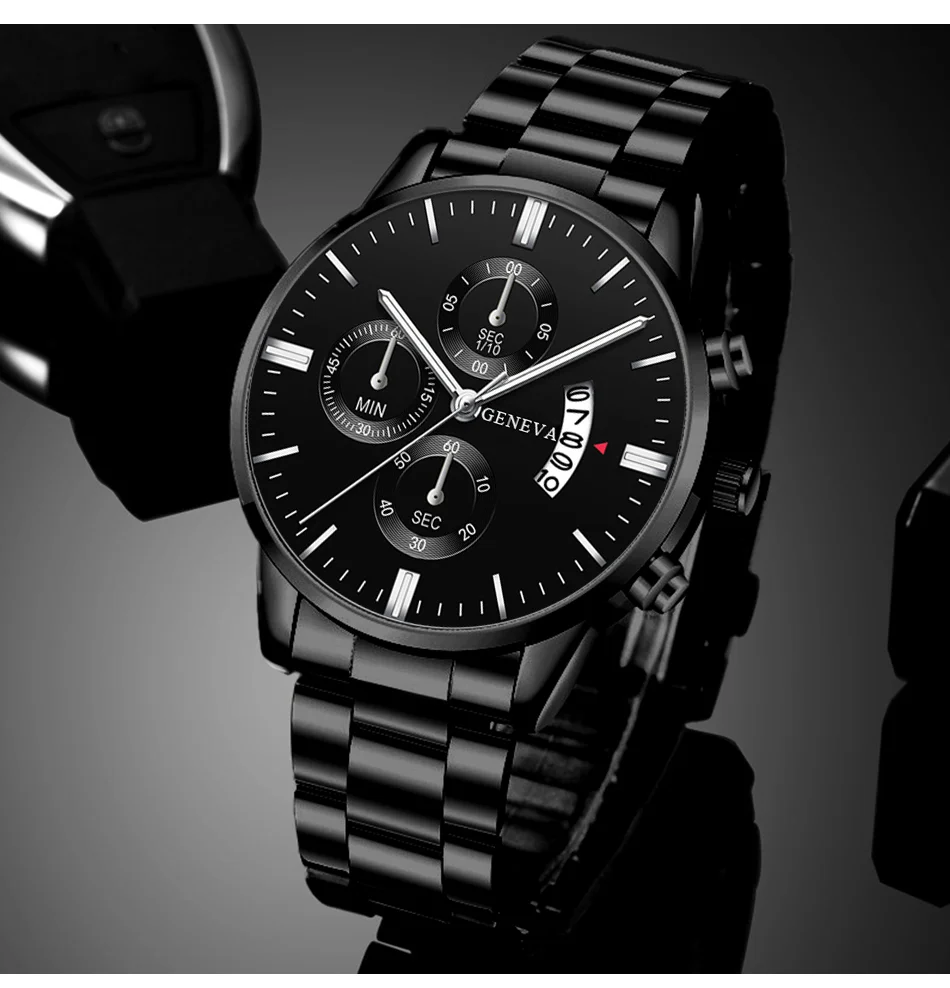 3PCS Set Mens Fashion Wing Bracelet Hexagonal Column Pendant Necklace Watches Men Business Stainless Steel Calendar Quartz Watch