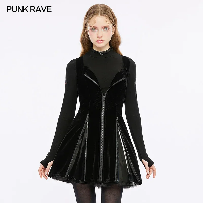 

PUNK RAVE Women's Punk Daily Techwear Front Zippered Tube Dress with Adjustable Back Cross Shoulder Straps Club Small Dresses