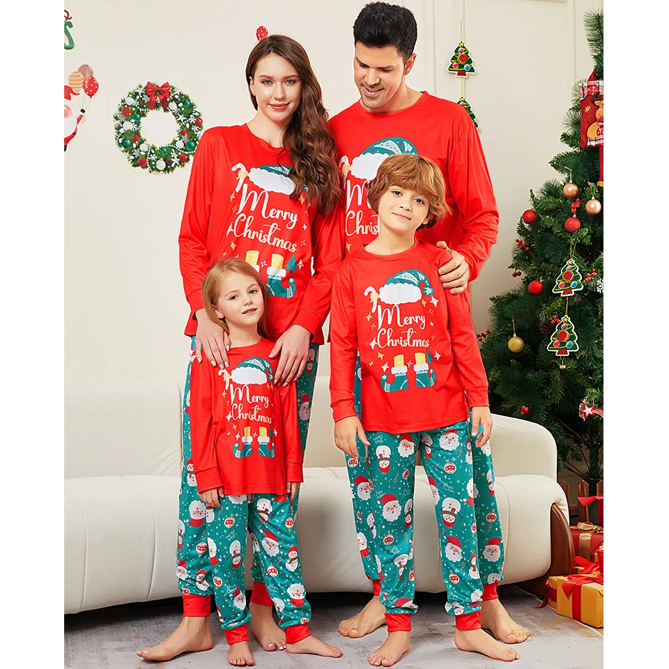 Fashion Cotton Family Matching Christmas Pajamas Santa Claus Father Mother Kids Baby Children's Letter Print T-shirt Pants Sets 3