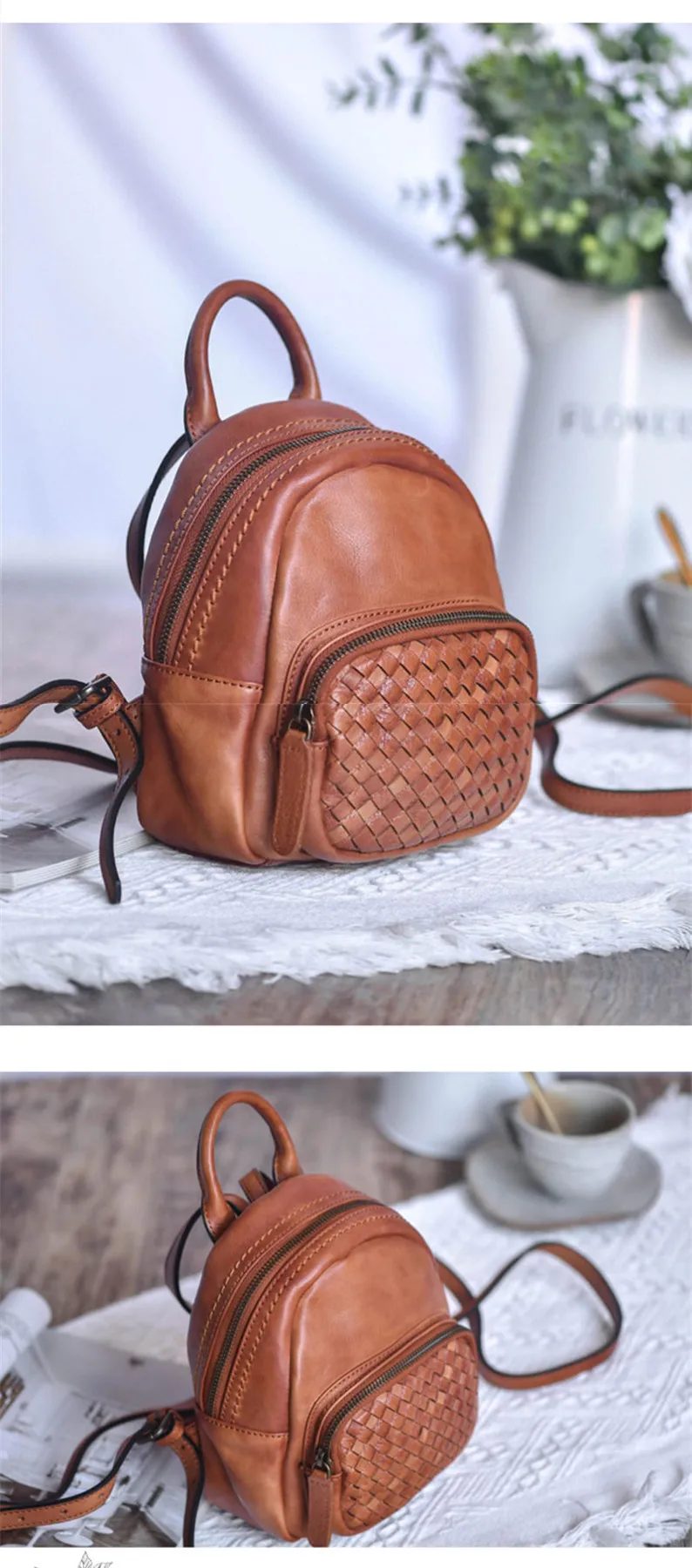 Einfache Freizeit Desig Natürliche Echtes Leder Damen Gewebt Kleinen Rucksack Outdoor Arbeit Wochenende Party Mädchen Mini Niedlichen Rucksack – Detail 7