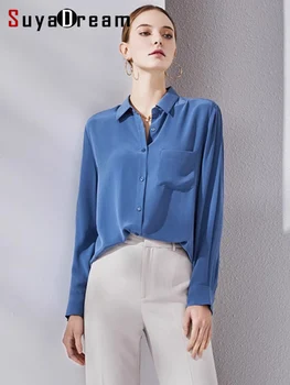 SuyaDream, Woman Solid Shirts, 100%Silk Crepe, Long Sleeved, Chest Pocket Chic Blue Blouses, 2024 Spring Summer Office Lady Top 1