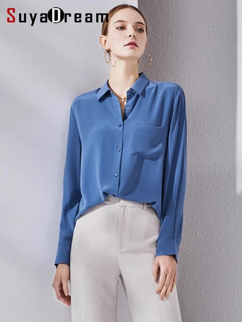 SuyaDream, Woman Solid Shirts, 100%Silk Crepe, Long Sleeved, Chest Pocket Chic Blue Blouses, 2024 Spring Summer Office Lady Top 1