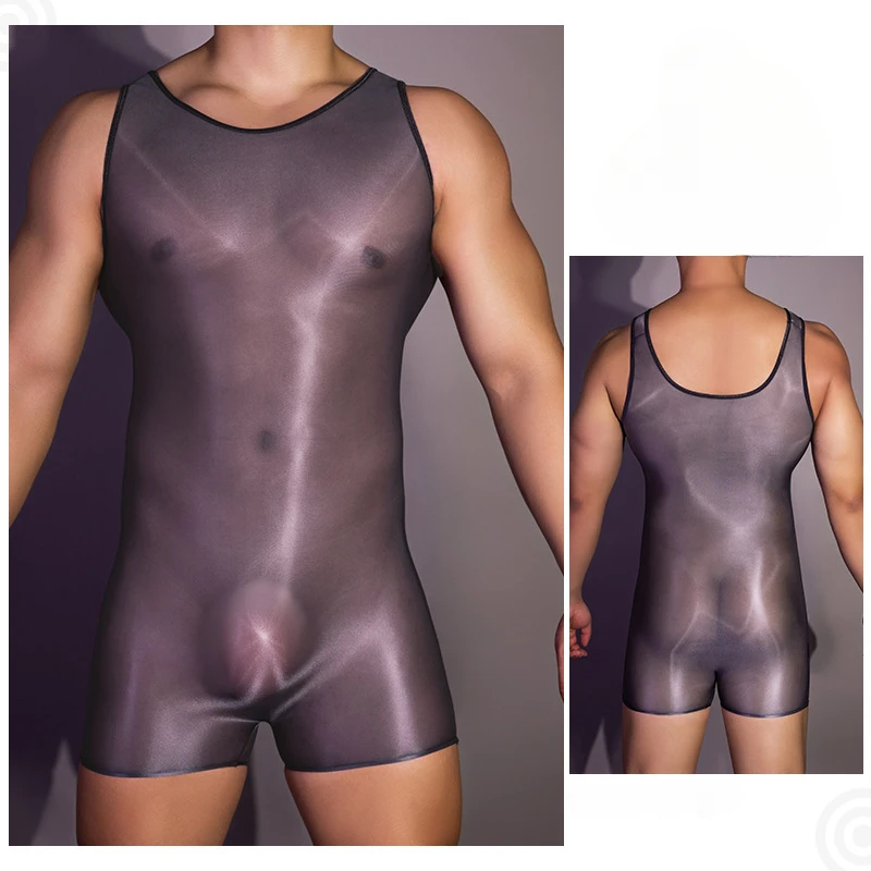 Men Sexy Transparent Bodysuit Oil Shiny Sheer Night Club Wear U Convex Pouch Boxers Seamless High Elastic Bikini Underwear