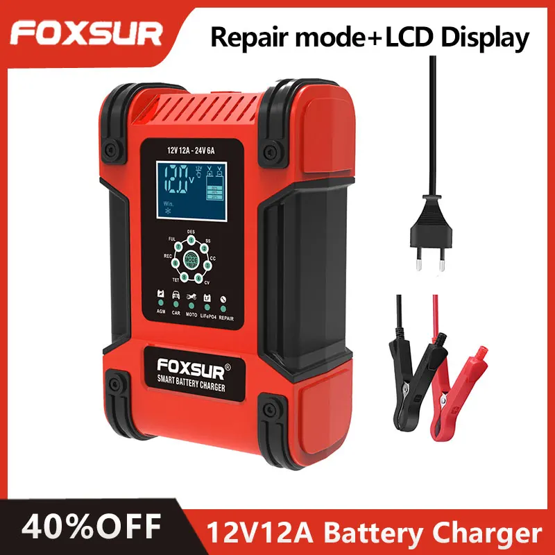 

Car Battery Charger Foxsur 12V 12A Full Automatic Digital Display Battery Charger Power Pulse Repair Chargers Wet Dry Lead Acid