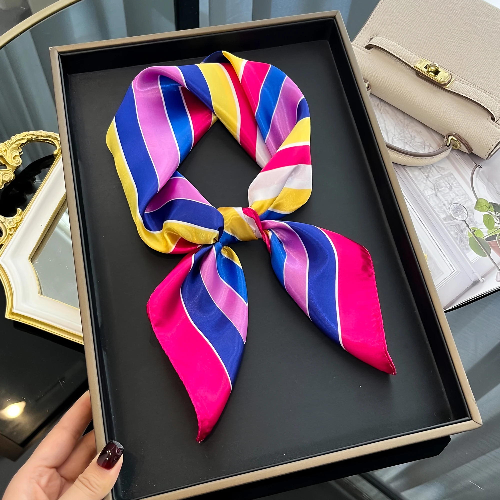 Luxury 2024 Square Silk Scarf for Women Hijab Hair Bands Neckerchief Female Satin Shawl Ribbon Headband Fashion Wraps Bandana 2