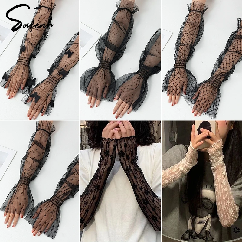Long Lace Gloves Hollow Out Fingerless Gloves Women Sun Protection Sleeve Mesh Lace Thin Hand Gym Glove Sunscreen Accessories