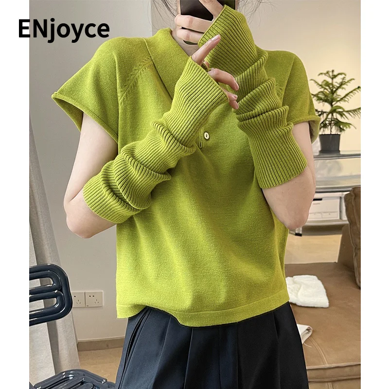 

Женский вязаный комплект из двух предметов ENjoyce, укороченный топ с отложным воротником и короткими рукавами и манжеты, винтажный свитер в Корейском стиле, пуловеры для весны и осени