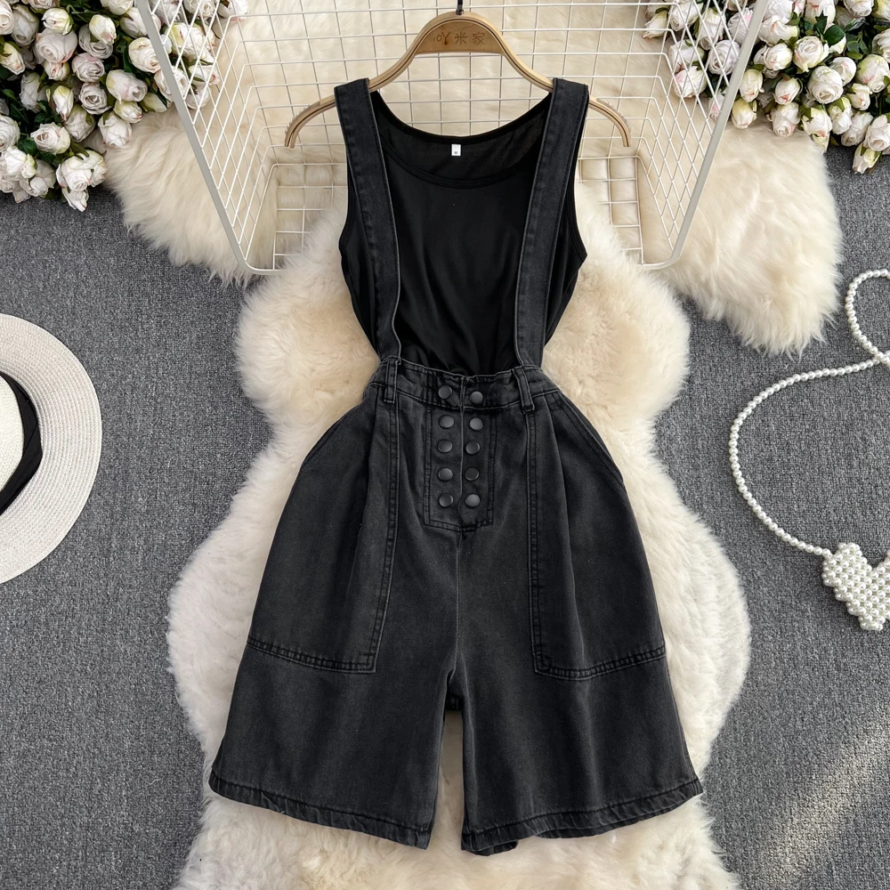 

Женские винтажные костюмы из 2 предметов, черный топ без рукавов и джинсовый комбинезон с высокой талией, облегающие повседневные укороченные брюки, на лето