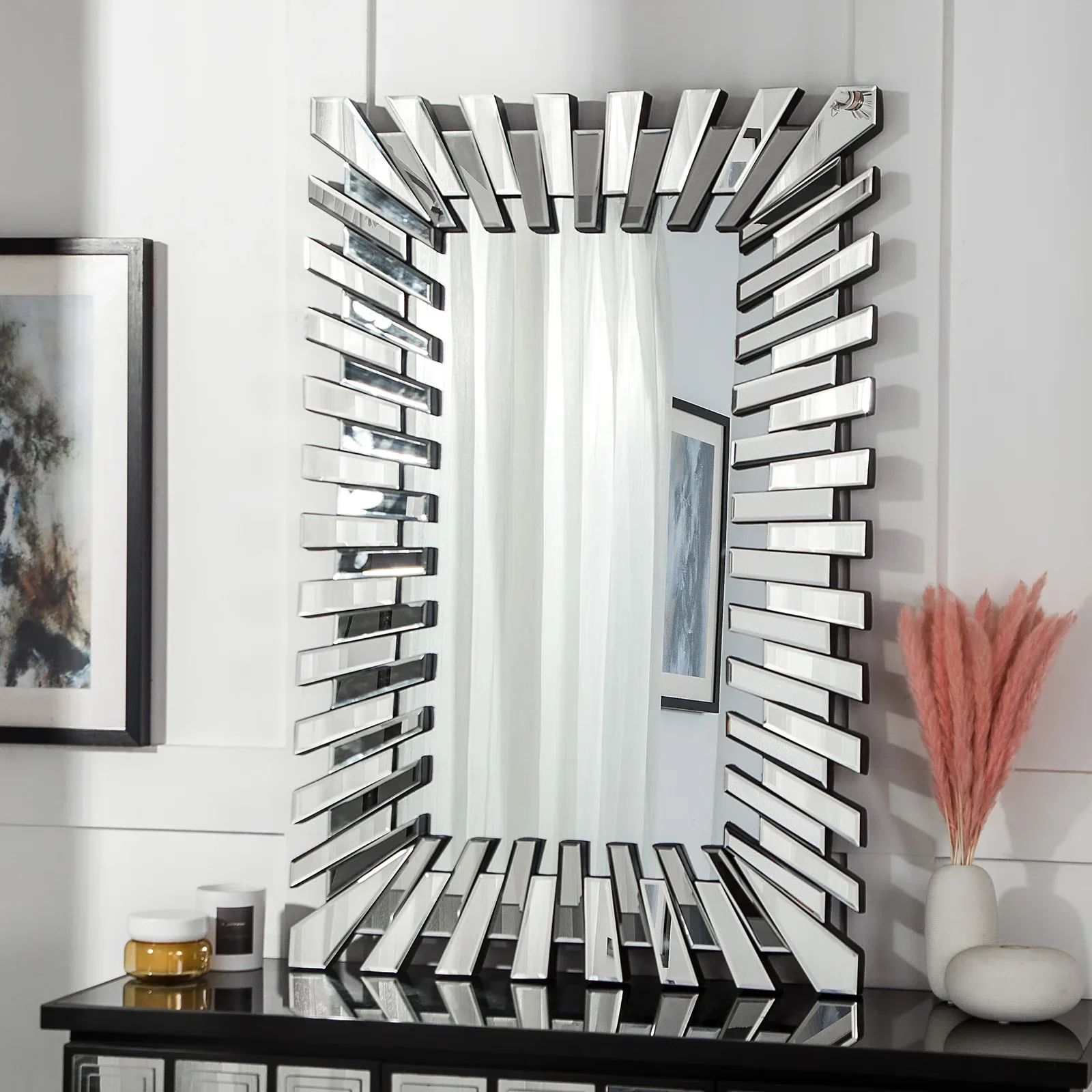 Modern Hanging Mirror Rectangle Glass Wall Mirror 3D Design Beveling Edge Decoration Accent For Home Hotel Furniture