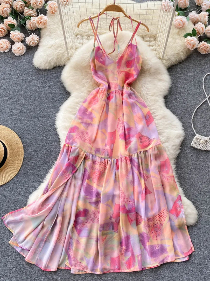 

Длинное пляжное платье в стиле бохо, женское модное летнее платье макси на бретелях-спагетти с принтом краски и открытой спиной, праздничное платье без рукавов с V-образным вырезом