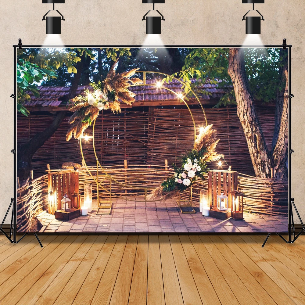 Photo Backdrop Wedding Wooden Wall Backdrops Vintage Garland With Luminous Bulbs Decor Pots With Flowers Candle Party Photographic Backdrops