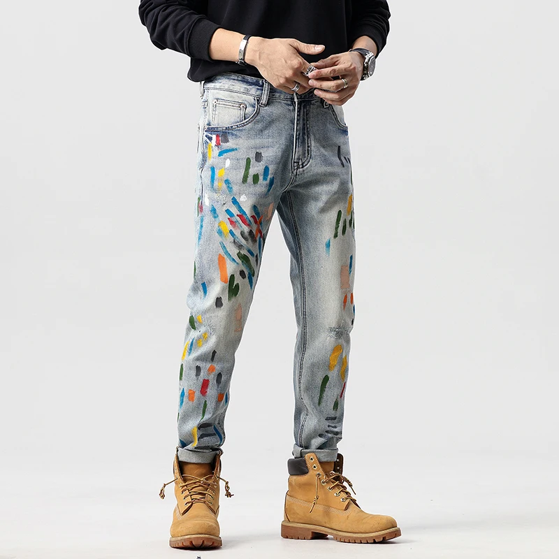 Light luxury fashion brand graffiti men's jeans high-end trend slim straight trousers retro personality casual jeans