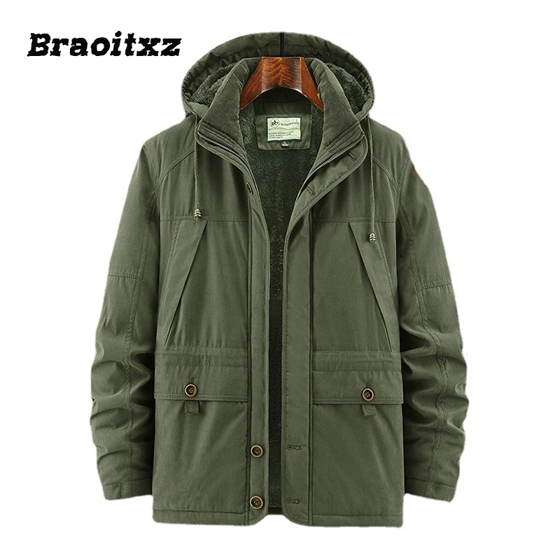 

New Men Autumn Winter Fashion Casual Thickened With Fleece Keep Warm Jacket Men Detachable Hooded Multiple Pockets Jacket Men