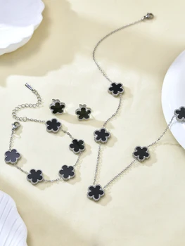 1 Pcs Fashion Light Luxury Exquisite Temperament Senior Sense Of Stainless Steel Five Flowers Necklace Bracelet Earrings Female 1