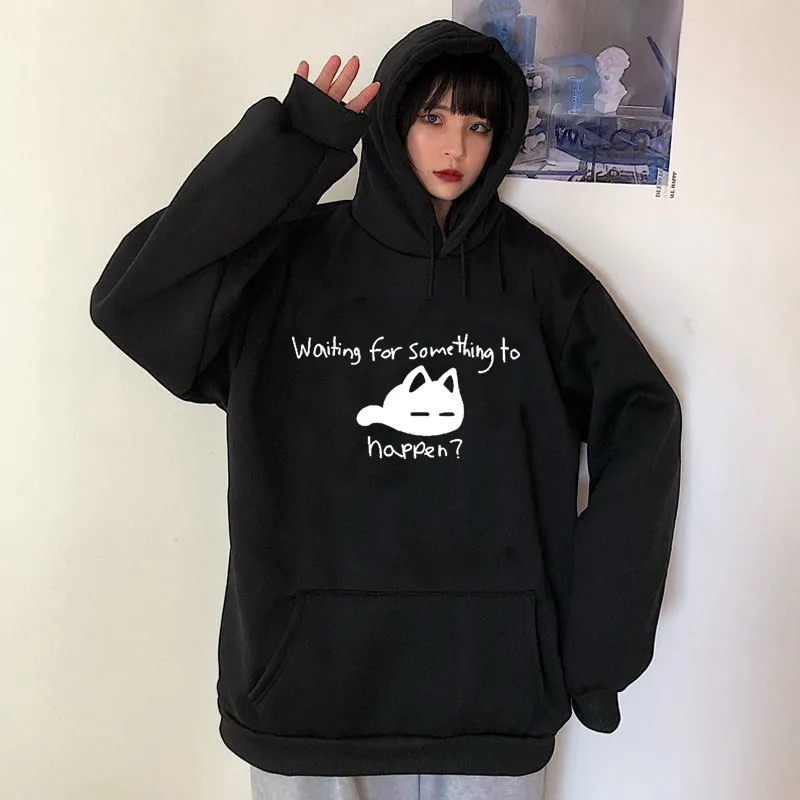 

Funny Cats Lover Hoodie Harajuku Anime Graphic Streetwear Unisex Tops Waiting for Something To Happen Omori Cat Print Hooded