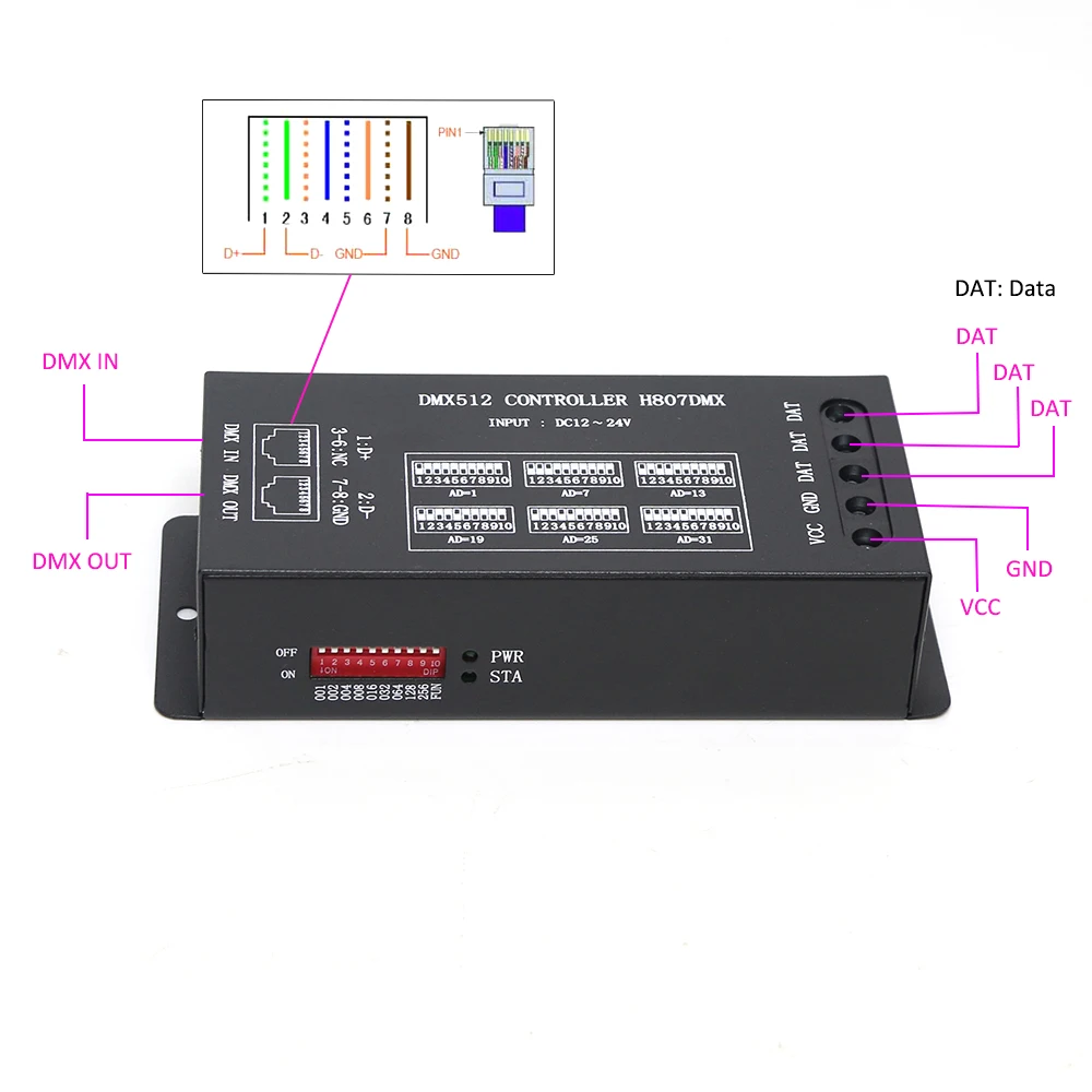 DMX512 Controller H807DMX 1024 pixels RGB Controller 14 Channels DMX For WS2812 DMX Stage Light to SPI Decoder dmx controller
