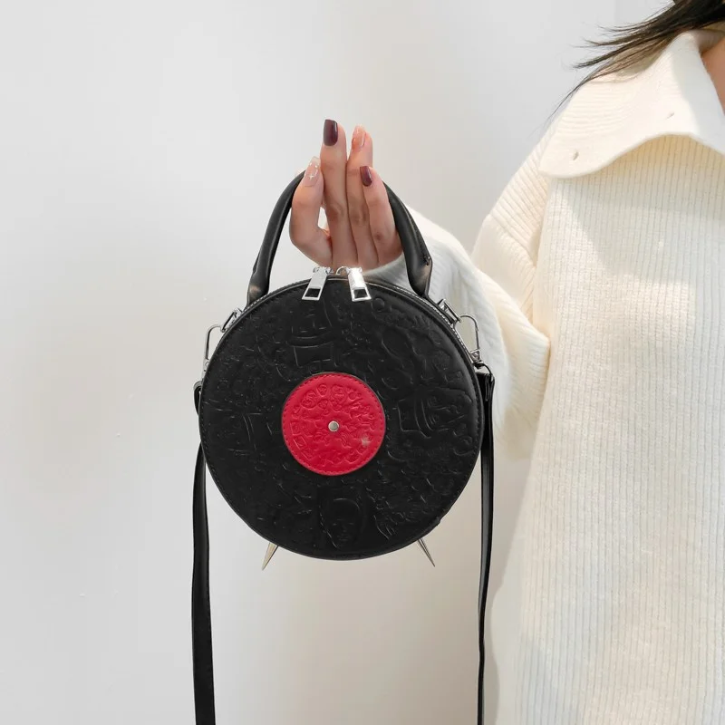 Personalized Creative Small Round Bag New Fashion Women's Niche Retro Record Shape Handbag Ladies PU Crossbody Bag