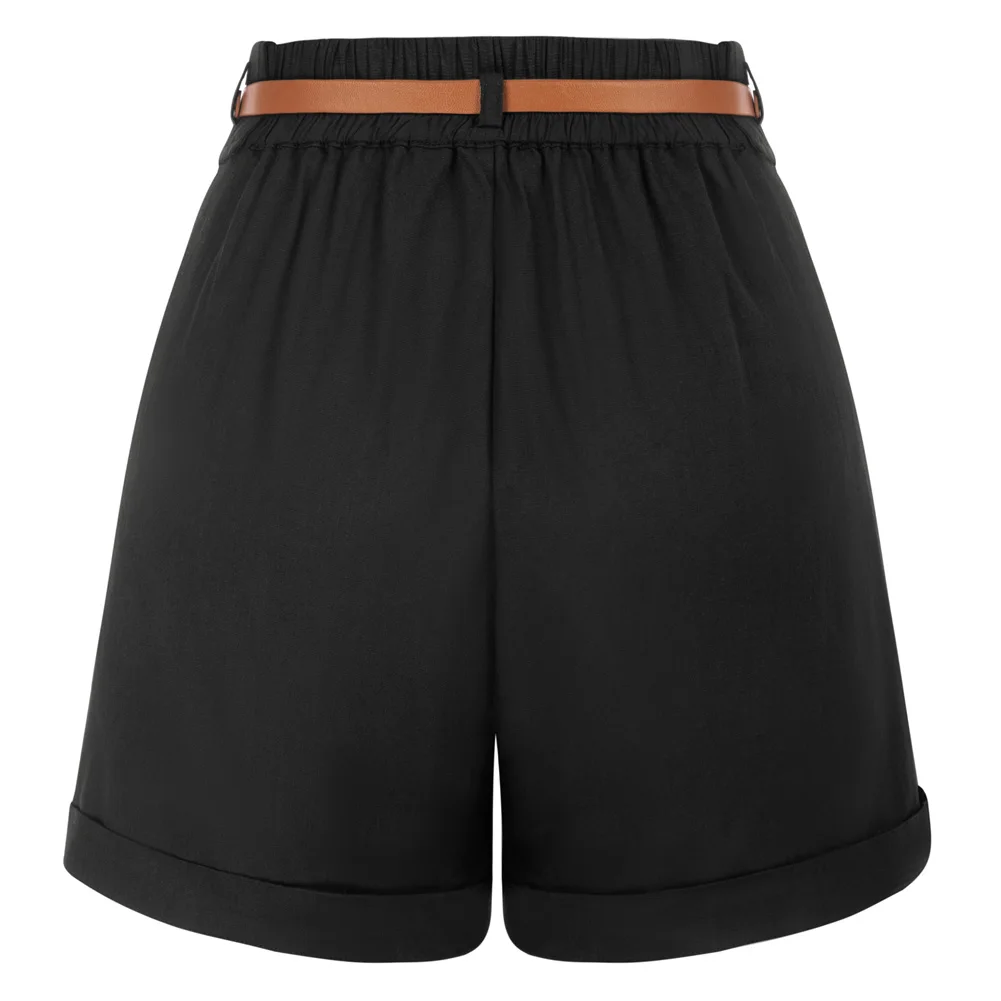 Belle Poque Women Bermuda Shorts With Belt Elastic Elegant High Waist Wide Leg Shorts With Pockets Vintage Summer Short Pants A3