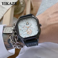 YIKAZE Alloy Men Quartz Watches Leather Strap Big Dial Student Square Sports Watch Cool Black Men's Watch Waterproof  Wristwatch 2