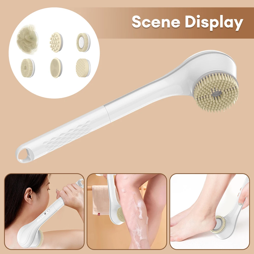 Electric Bath Brushes Soft Hair Silicone Body Works Scrubber Shower Massage Brush Waterproof IPX7 Back Long Handle Back Brushes