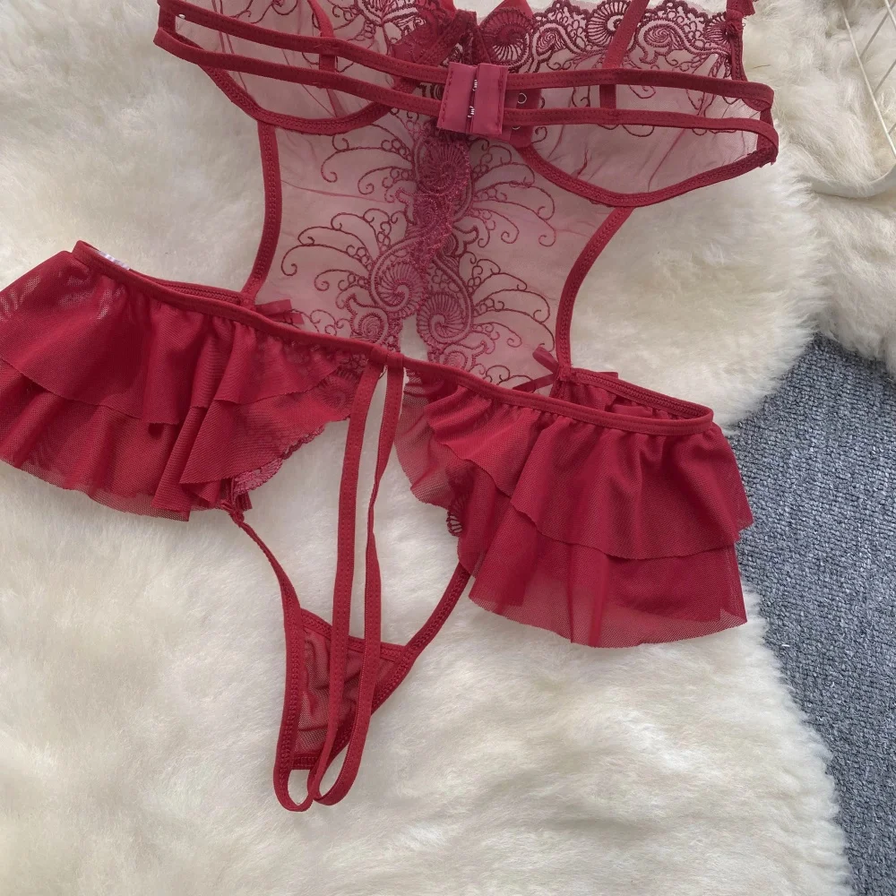 Transparent Lace Ruffle Strap Playsuit One Piece Backless Open Crotch Slim Fit Sexy Women's Pajamas Lingerie Bow New Mini Skirt