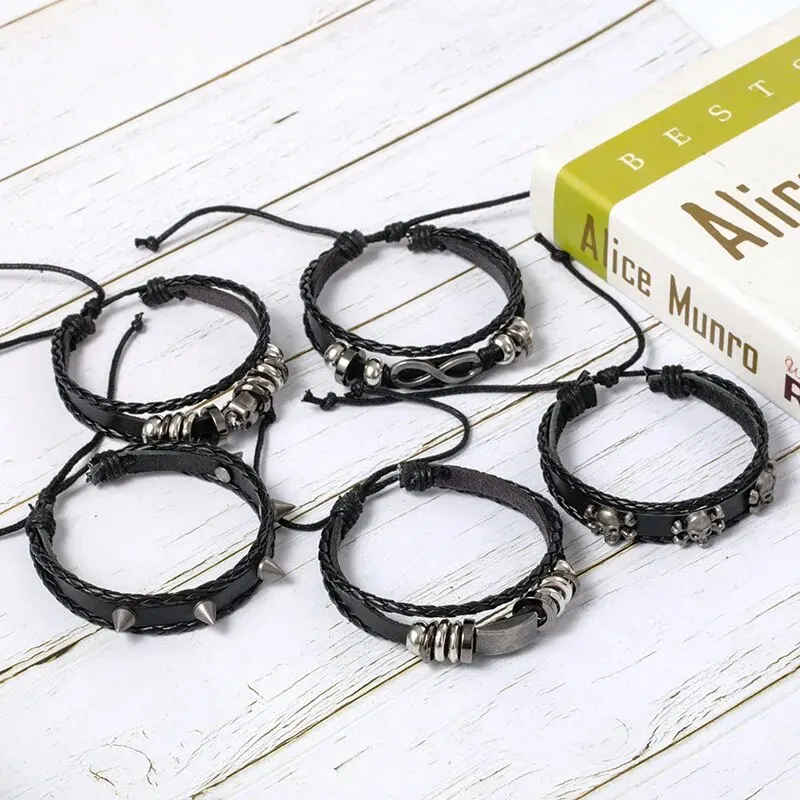 5pcs Metal Diy Braided Punk Style Bracelet Set, Featuring Pu Leather And Beads - Image 5
