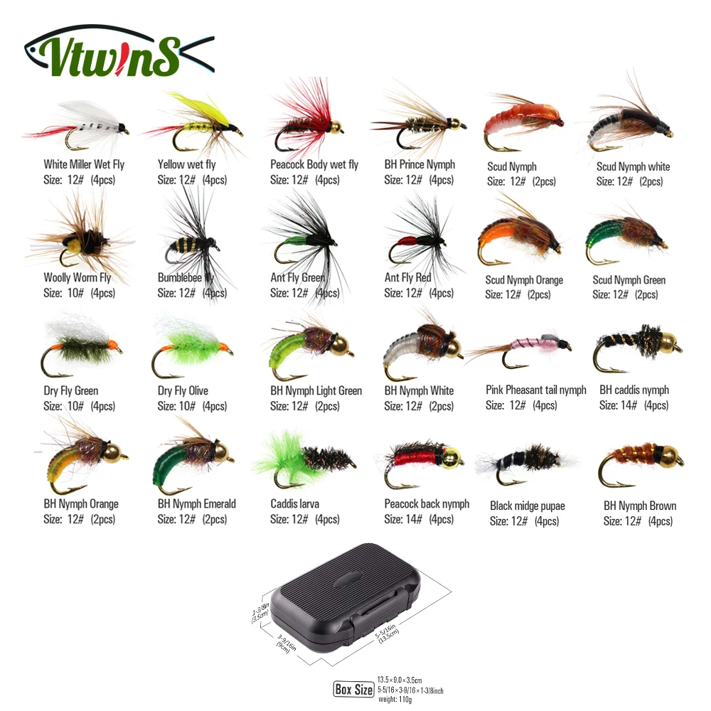 

Vtwins Fly Fishing Flies Kit Dry Wet Nymph Scud Midge Larvae Fishing Lure Trout Bait Fishing Fly Hook Salmon Artificial Insect