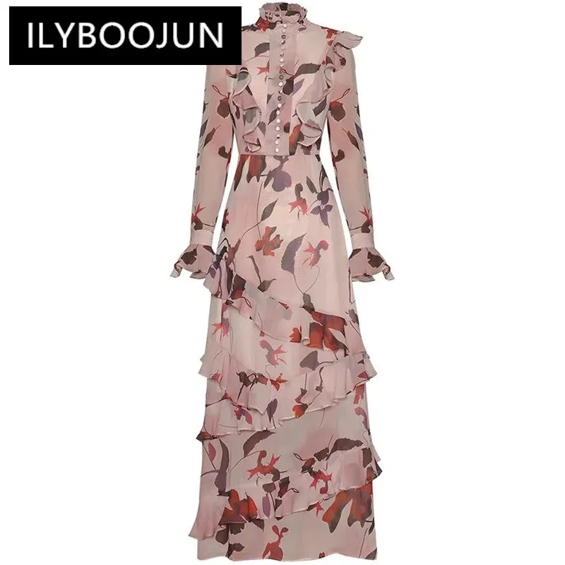 

ILYBOOJUN Fashion Women's New Stand-Up Collar Flare Long-Sleeved Printed Tiered Flounced Edge Vintage Shaggy Gown Maxi Dress