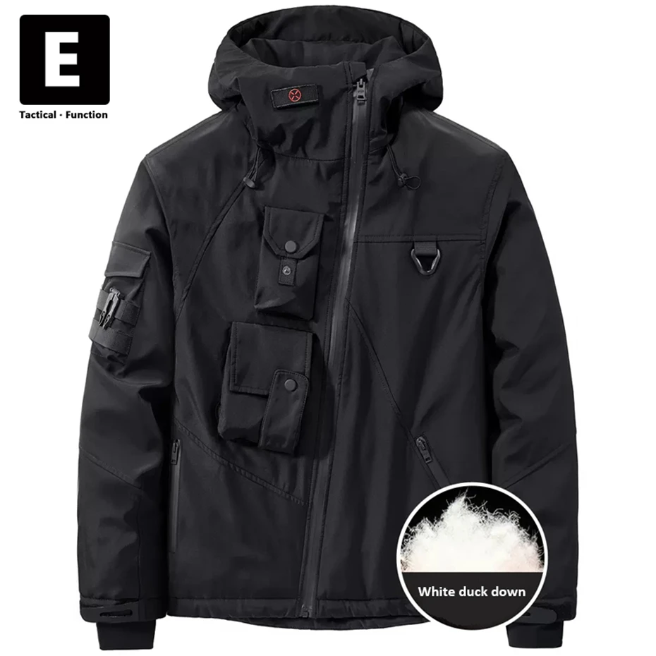 

Winter Down Jacket Men Black Techwear Cargo Down Coat Fashion Casual Thick Hooded Jackets Male Tactical Function