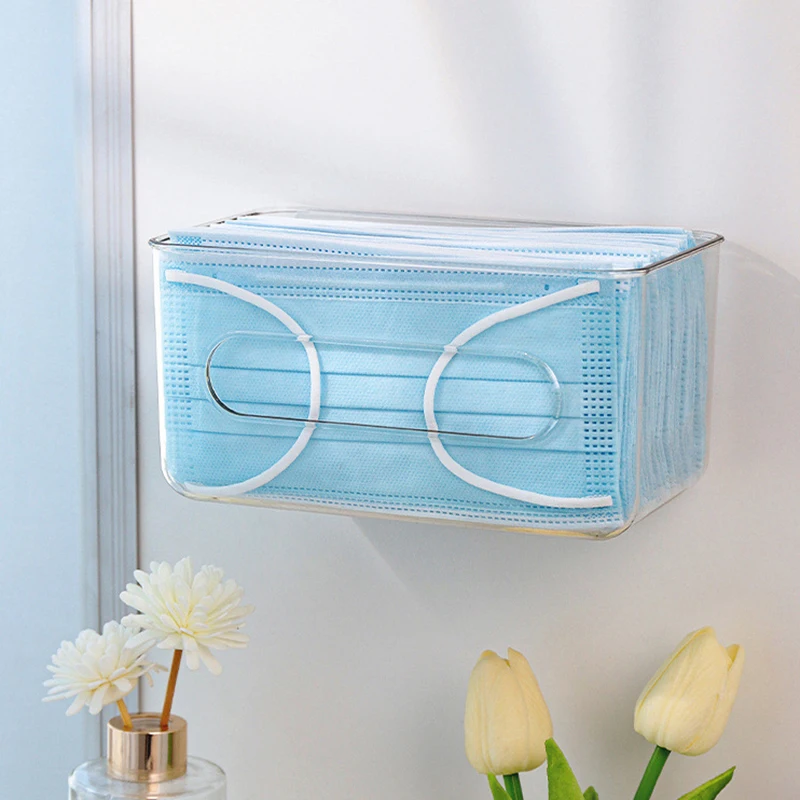 Transparent Storage Box Wall Mounted Tissue Box Large Capacity Disposable Mask Holder Free-punching for Home Office Entrance