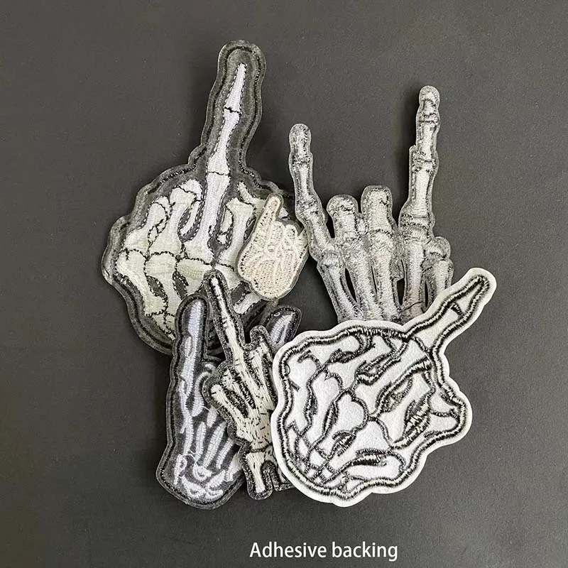 6 Stück/Schwarze Stoff-Applikationen, Punk-Patches zum Aufbügeln, Totenkopf-Geisterfinger-Stickerei, Aufbügel-Sticker für Kleidung, Jacken – Detail 4