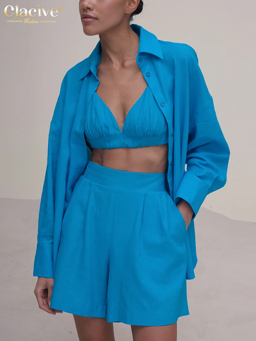 Clacive Fashion Long Sleeve Blouse + Bra Womens Three Peice Sets Casual Loose Blue Cotton High Waist Shorts Suits Female Set
