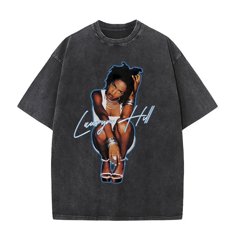 Gewaschenes Vintage Lauryn Hill T-Shirt Sommer Männer Frauen Hip Hop Übergroße Kurzarm T-Shirts Herrenmode Popmusik Streetwear