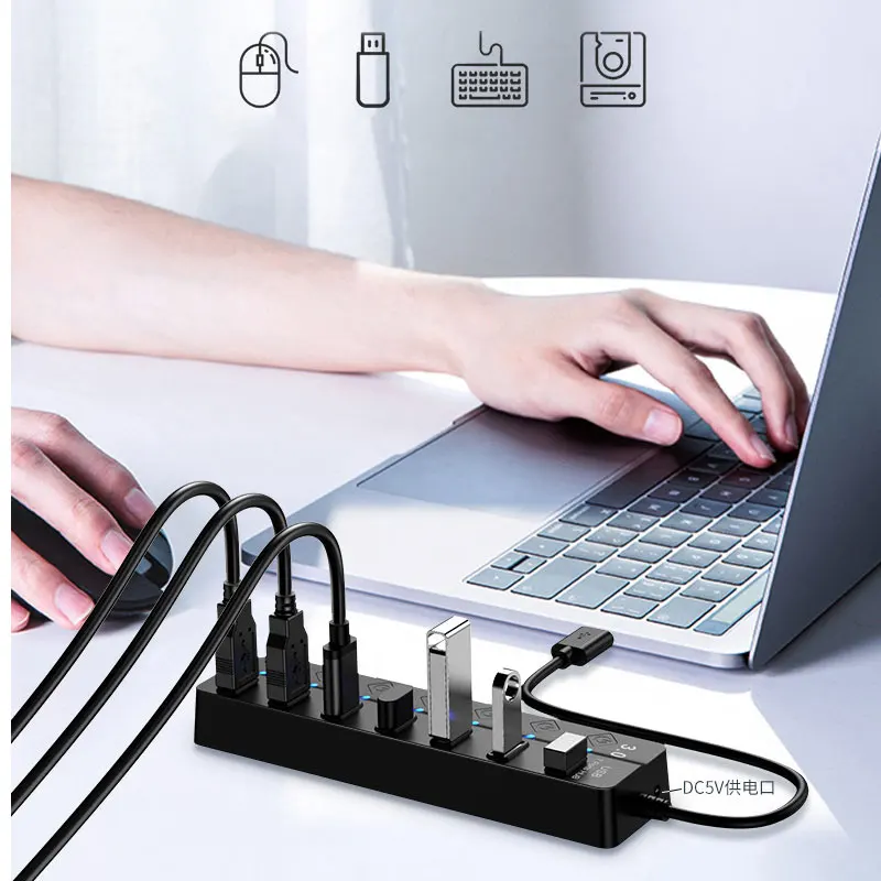 High-Speed Portable 7-in-1 USB Hub with On/Off Switch