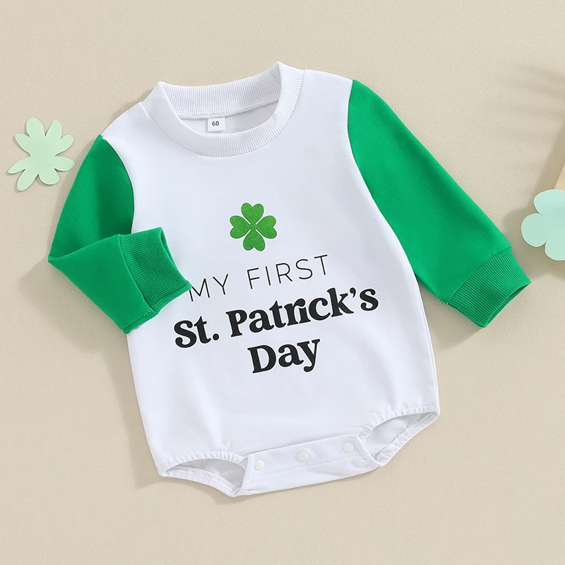 

St Patrick s Day Baby Boys Girls Spring Rompers Letter Print O-neck Patchwork Loose Sweatshirts Jumpsuits For Newborn Clothes