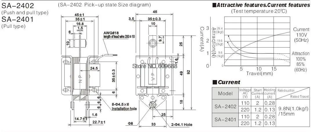 SA-2402 1kgf 9.8N 15mm push pull type ac solenoid electromagnet for coffee machine