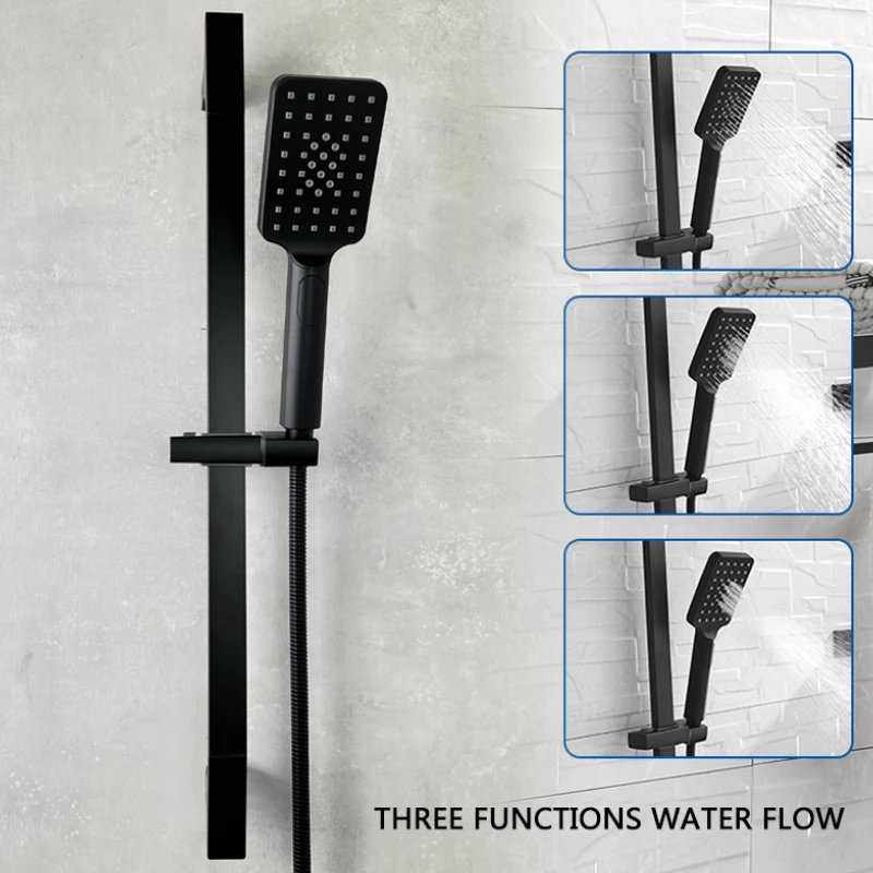 3 Functions ABS Hand Shower Bathroom Stainless Steel Sliding Bar Set with Brass Connector Outlet Black Metal Grey White 1.5m Hos