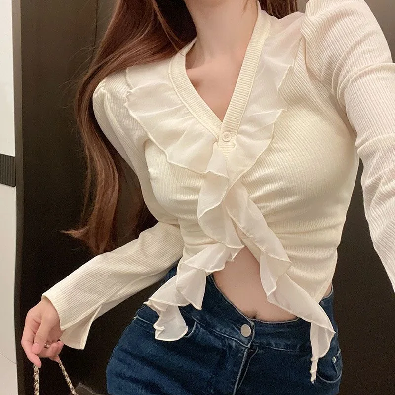 

2024 Blusas Mujer De Moda Tunic Ruffles Sexy Blouse Solid Color Crop Tops Sweet Shirts Long Sleeve V-neck Temperament Blouses