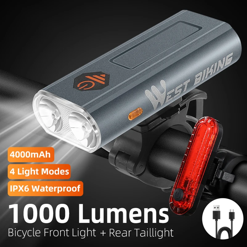 WEST BIKING LED Bicycle Headlight 1300 LM USB Rechargeable Bike Front Rear Lamp 
