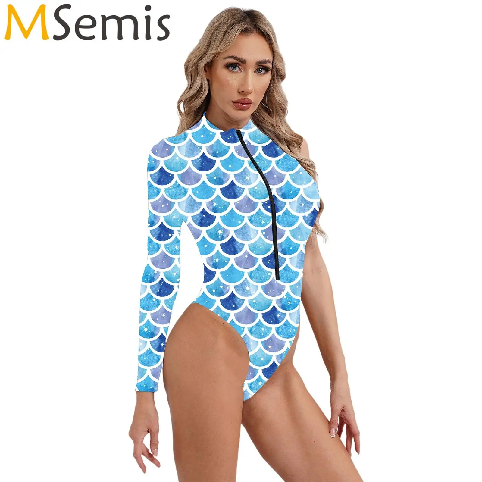 

Женский слитный купальник, купальник с тропическим принтом, асимметричными рукавами, передней молнией и нагрудной подушкой, трико с высоким вырезом, боди