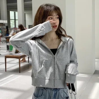 Fall/Spring Women's Loose Hooded Zipper Sweatshirt Long Sleeve Thin Cardigan Solid Casual Versatile Jacket 2