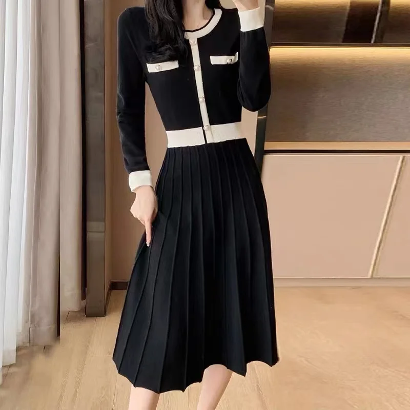 High Quality Elegant Autumn Pleated Midi Dress New Fashion Women O Neck  Long Sleeve Knitted Hit Color Pearl Button Sweater Dress - AliExpress  200000345