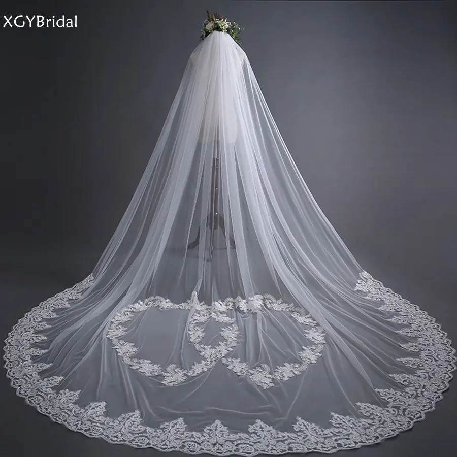 

New Arrival One Layer Brida Veils Lace Appliques Cathedral Wedding Veil Wedding Accessories Mariage Bride Boda Velos De Novia