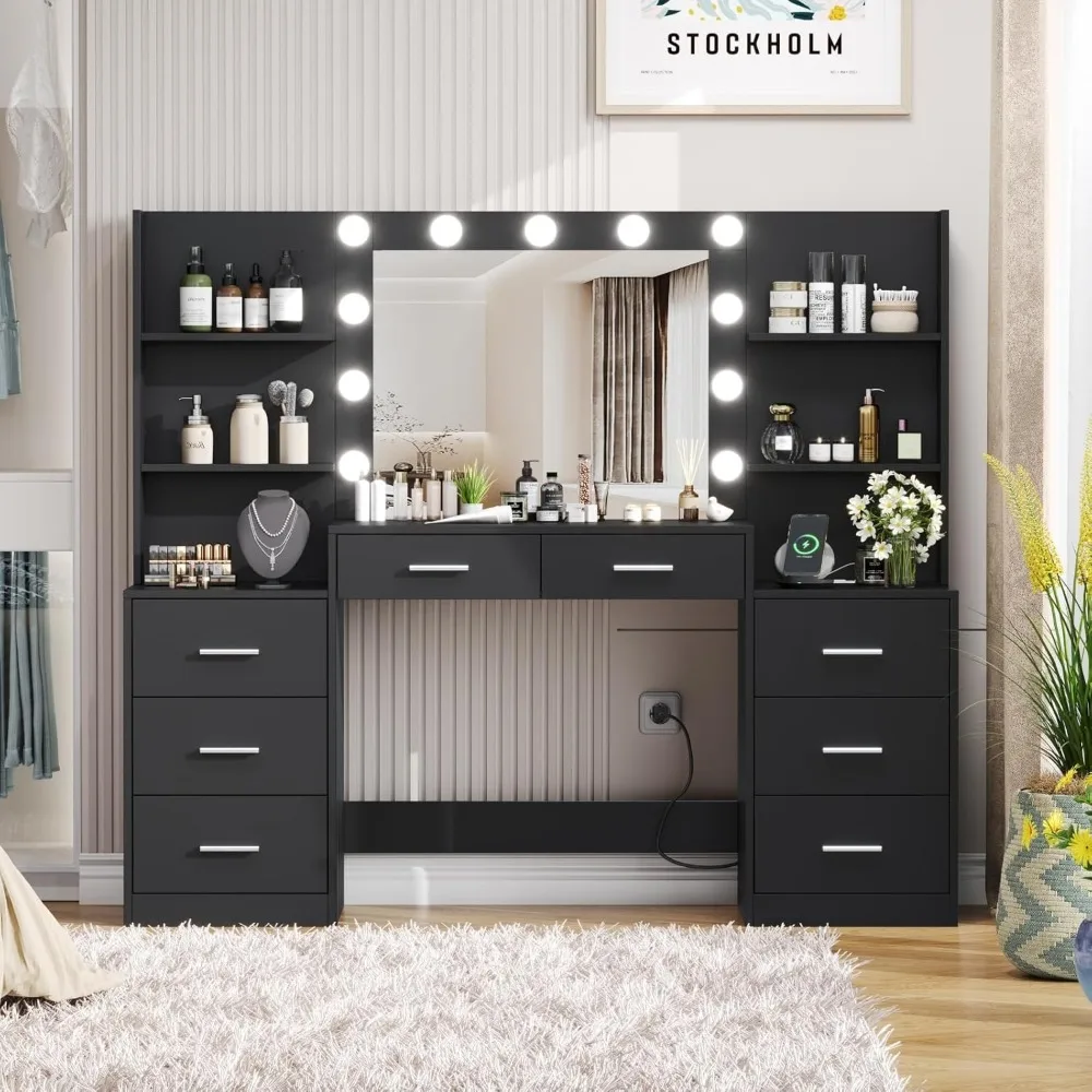 61.9‘’L Vanity Desk with Mirror & Lights, Charging Station, Makeup Desk with Drawers & Open Storage Shelves,Bedroom Vanity Table 4