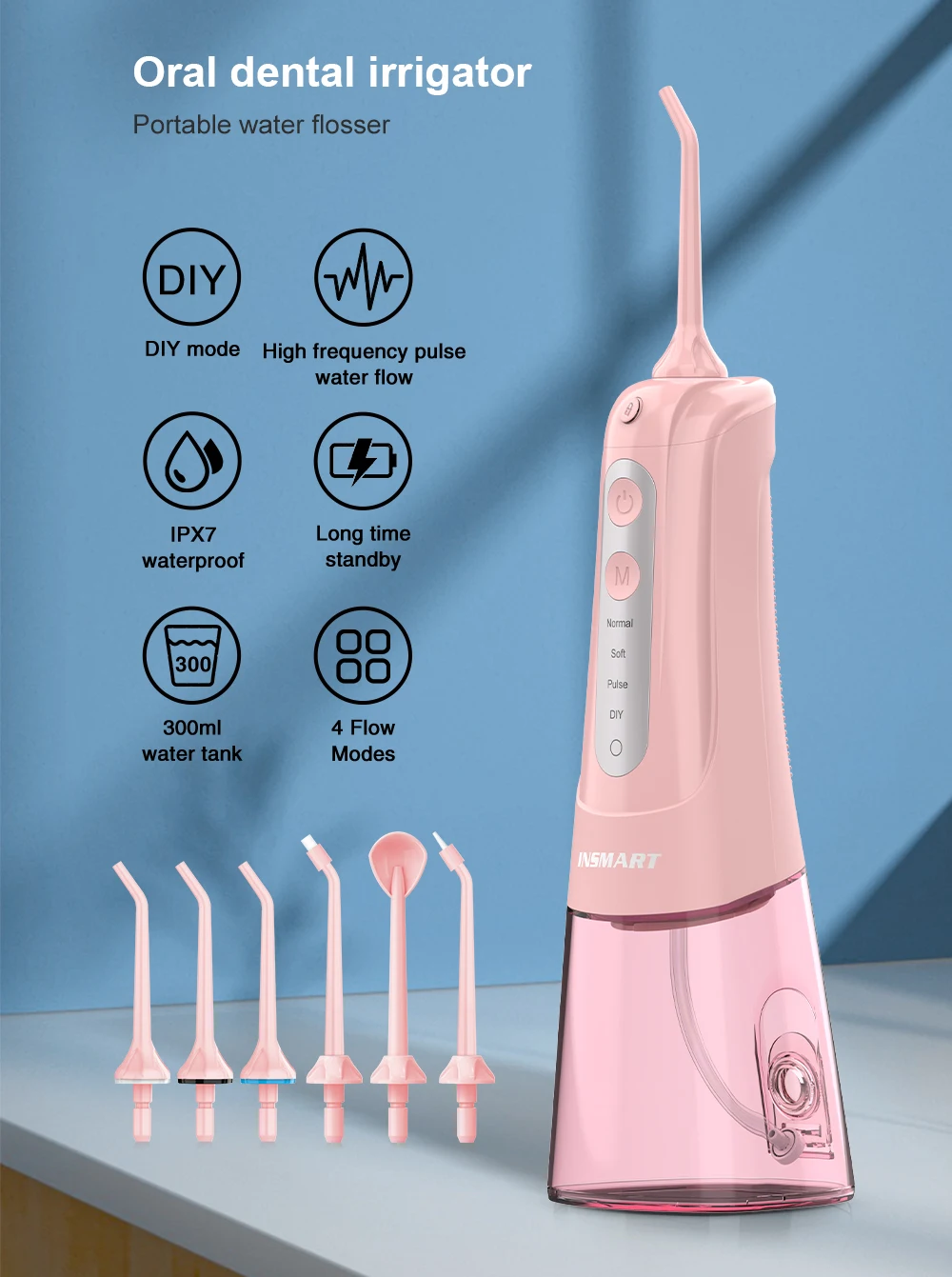 Description Picture 3 of itemOral Irrigator 4 Modes Portable Rechargeable Dental Water Jet 6 Nozzles Waterproof 300ML Tank Water Flosser For Teeth Whitening