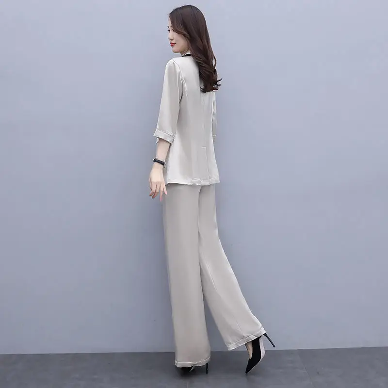 Women Spring Summer Thin Blazers Pants Two Piece Set Office Lady Graceful Patchwork Suit Coats Trousers Outfits Workwear Female