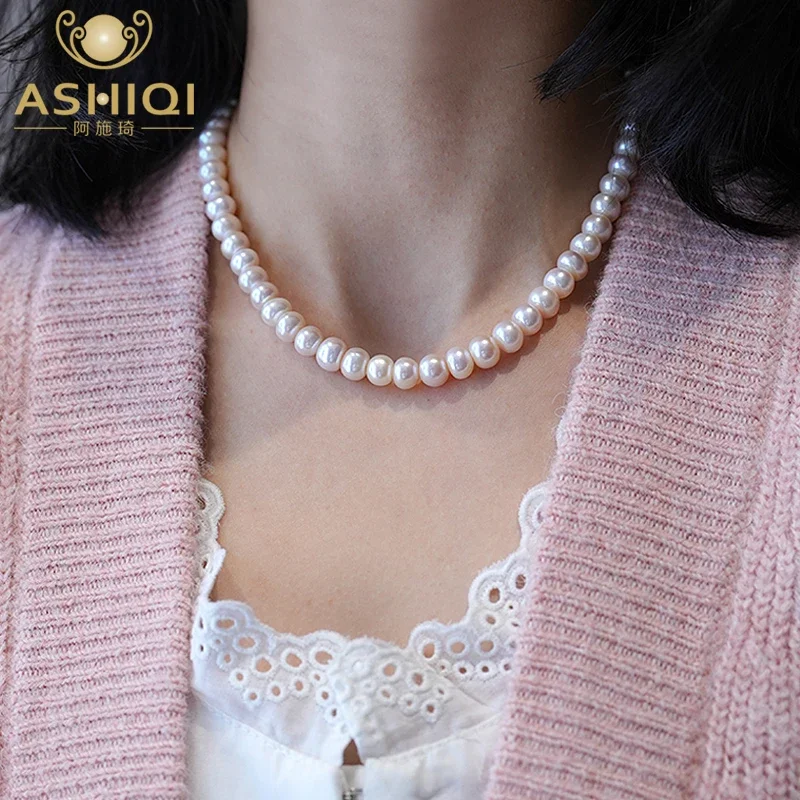 

ASHIQI 7.5-8.5mm Natural Freshwater Pearl 925 Sterling Silver Necklace Jewelry for women bride Wedding